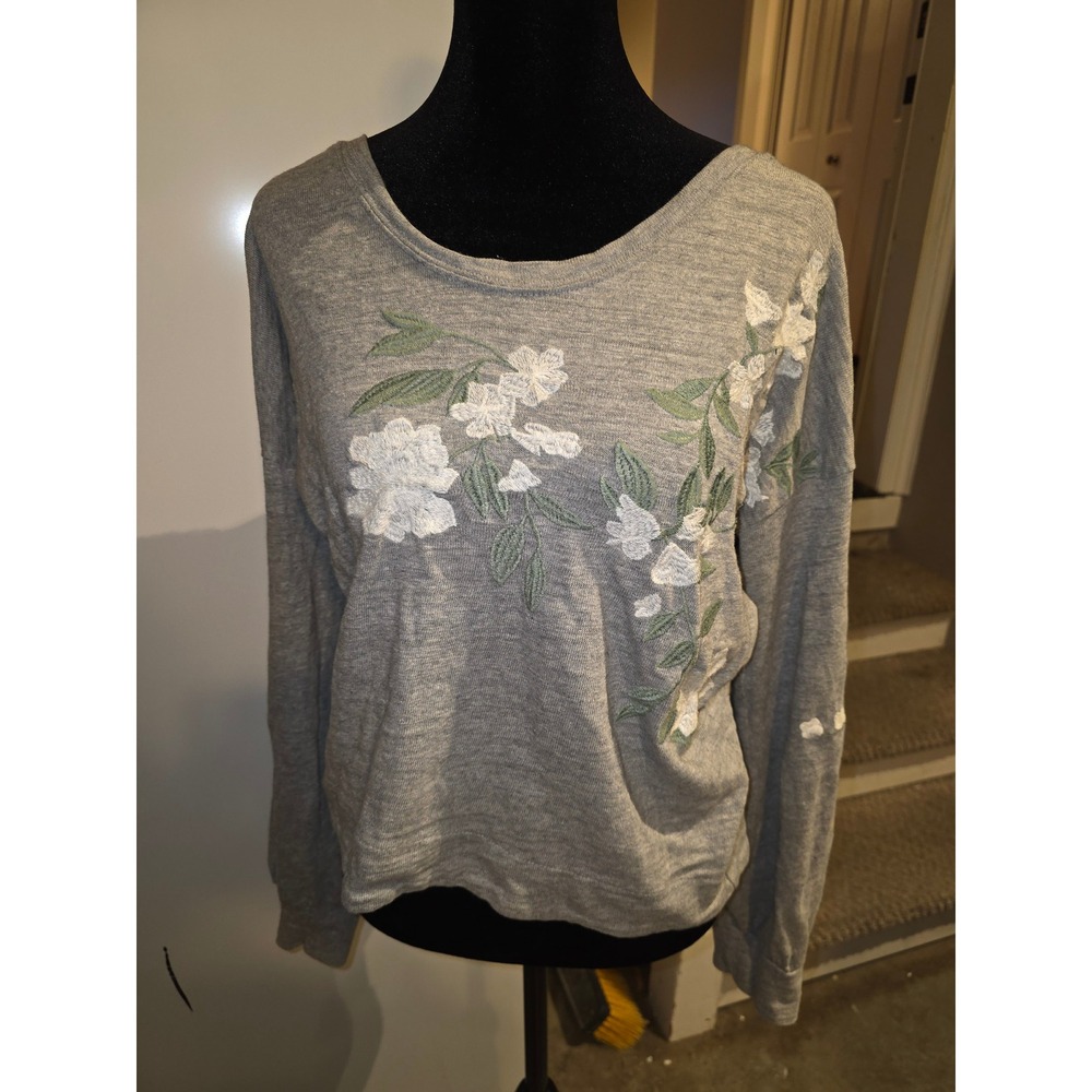 Loft Women Heathered Gray Floral Embroidered Long Sleeve Cotton Top Small